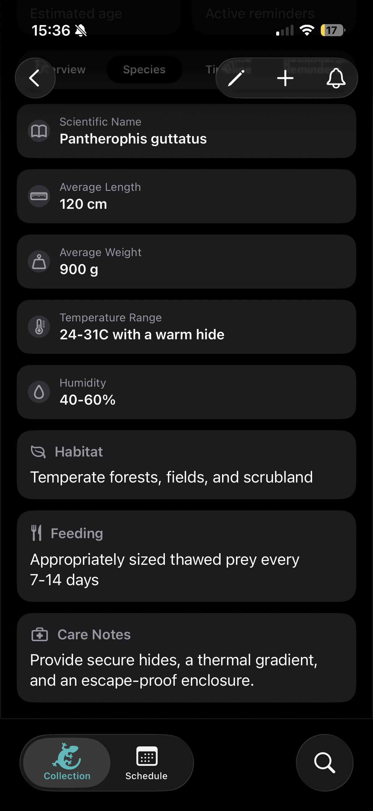 Species database (dark mode)